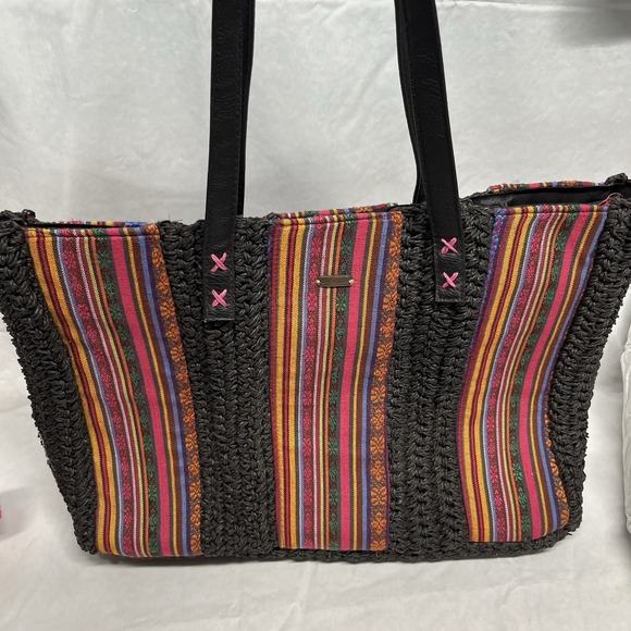 Sand N Sun Handbags - Sun N Sand Multicolor Woven Hand Bag Leather Straps Boho Beach Tote Clean